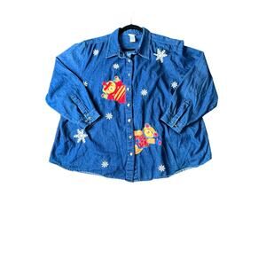 Fashion Bug size 30W Christmas button-up shirt denim teddy bears snow flakes